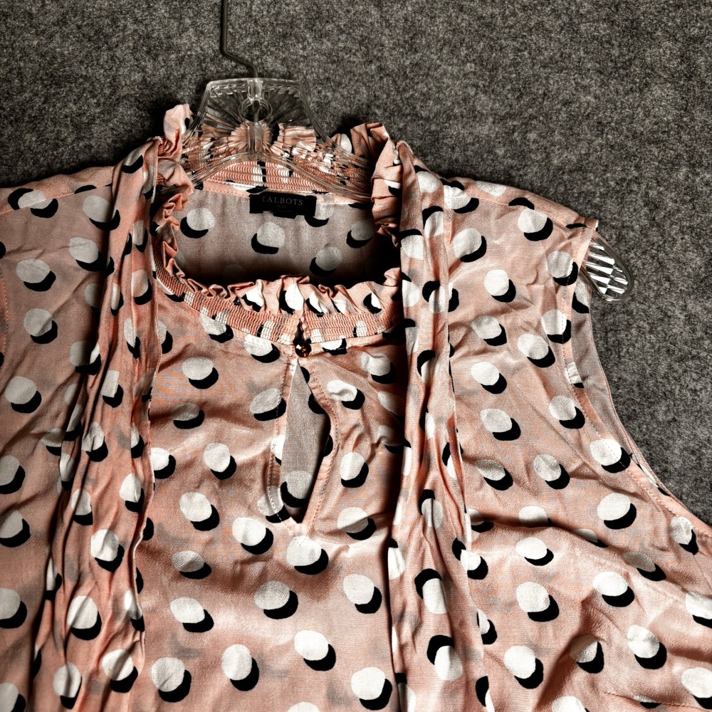 Talbots Plus Womens Blouse X Pink Polka Dot‎ Tie Neck Ruffle Sleeveless Top